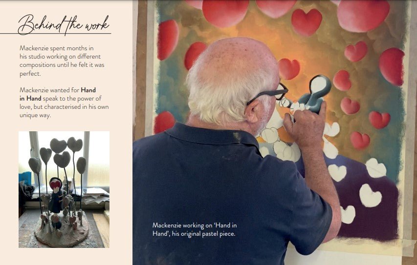 A man paints colorful artwork with red and pink hearts, titled Hand in Hand, while a text shares his creative process. A small sculpture linked to the theme is displayed below.