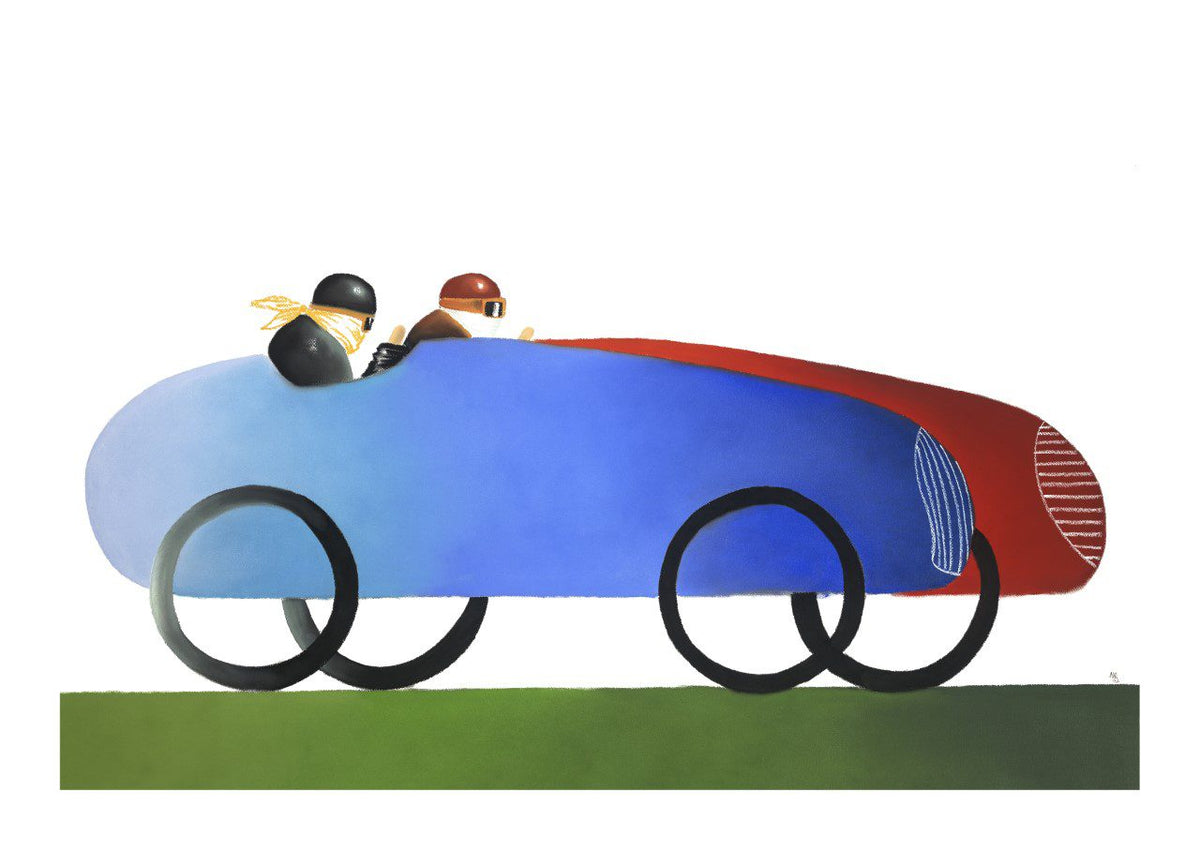 The artwork Faster and Faster features two helmeted figures in a blue and red vintage race car with oversized wheels, racing across grass. Reminiscent of Mackenzie Thorpes style, it exudes energy and nostalgia.