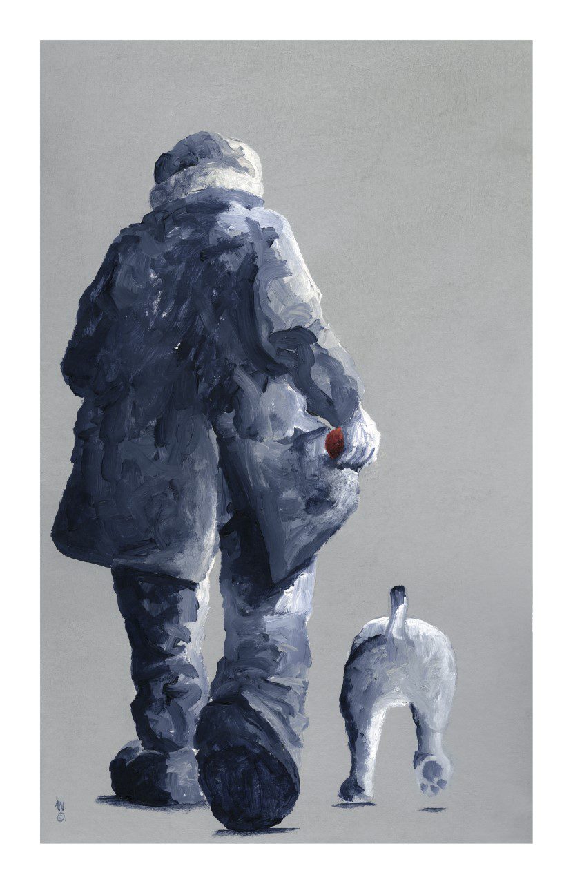 A person in a heavy coat and a white dog with its tail up walk away together, set against a plain gray background. Lets Go For A Walk captures a peaceful, minimalist moment with quiet artistic charm.