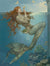 A mermaid with long red hair floats peacefully underwater, cradling a turtle and gazing at butterflies near the surface. Fish swim past coral and an ancient column base in this magical blue ocean scene, reminiscent of a Michael Parkes painting. Inspired by Lazy Summer.