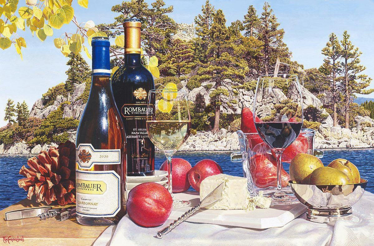 A scenic picnic by a lake with pine trees evokes Eric Christensen art, featuring wine bottles, glasses, cheese, apples, and pears on a wooden board draped in white cloth. A pine cone enhances the rustic charm of this Tahoe Blue-inspired scene in peaceful hyperrealism.