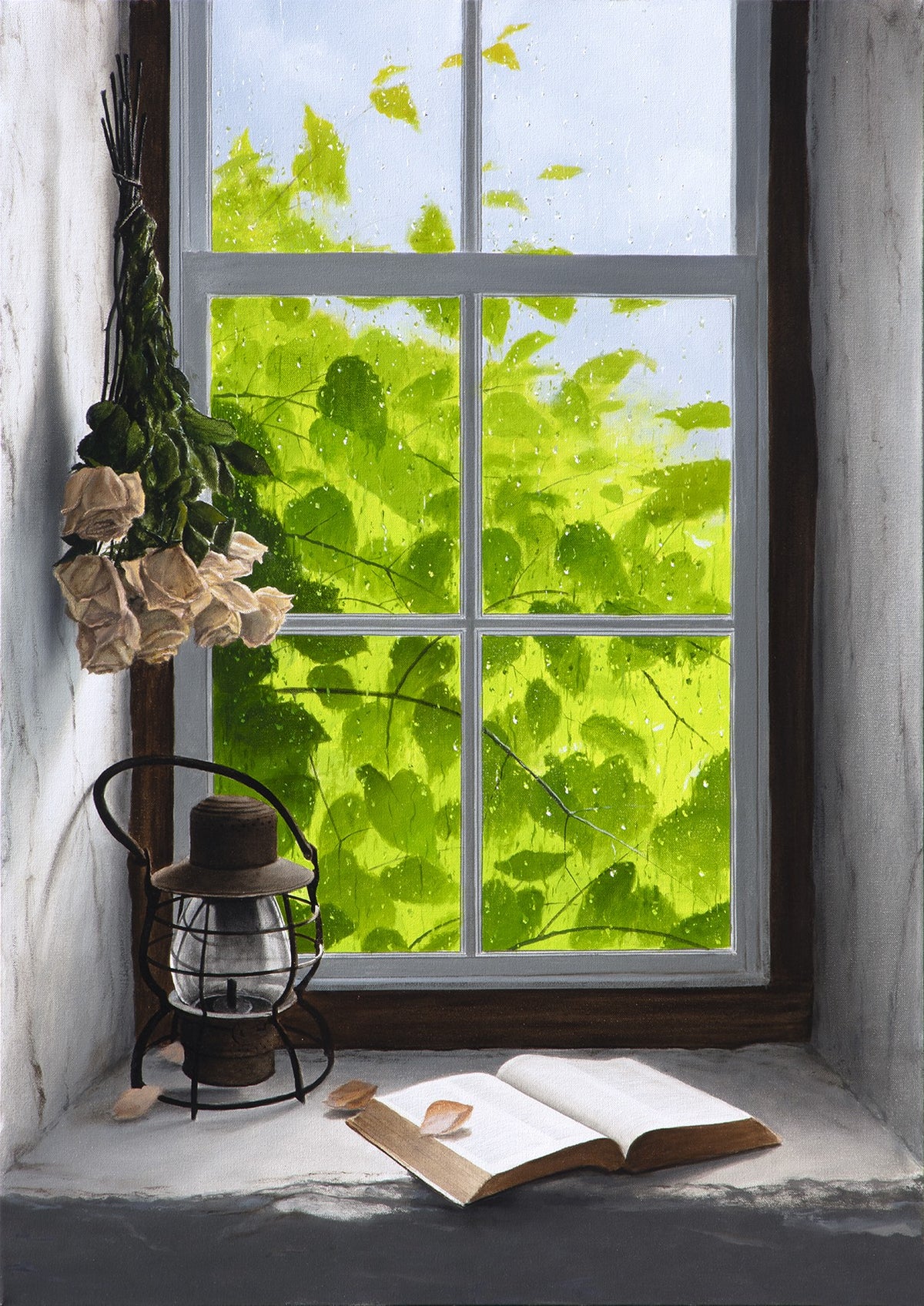 The Rose and the Rain lies open on a windowsill next to a vintage lantern, beneath dried flowers. Lush green foliage appears through raindrop-speckled glass, creating a serene, rainy day ambiance.