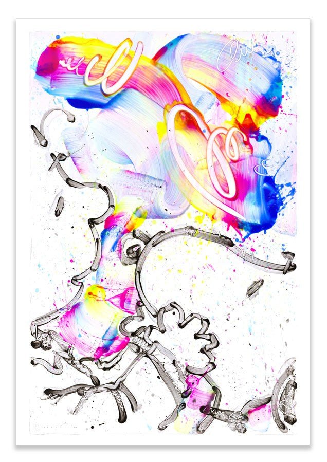 The artwork Foodie Call in the Evening showcases vibrant splashes of blue, pink, yellow, and orange interspersed with bold swirling strokes. Black doodle-like lines intersect the colors on a white canvas, adding dynamic contrast and movement.