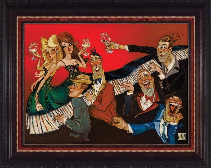 The stylized painting Tickling The Ivory by Todd White Art features lively figures at a piano. Two women in elegant dresses hold glasses, while four men in suits and tuxedos animate the scene. A vibrant red background enhances its charm akin to Marcus Ashley Fine Art Gallerys allure.