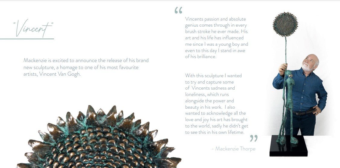 An older man stands beside Vincent, a tall sculpture resembling a flower with text highlighting how Dutch post-impressionist painter Vincent van Gogh influenced Mackenzie Thorpe, known for his unique emotive art style.