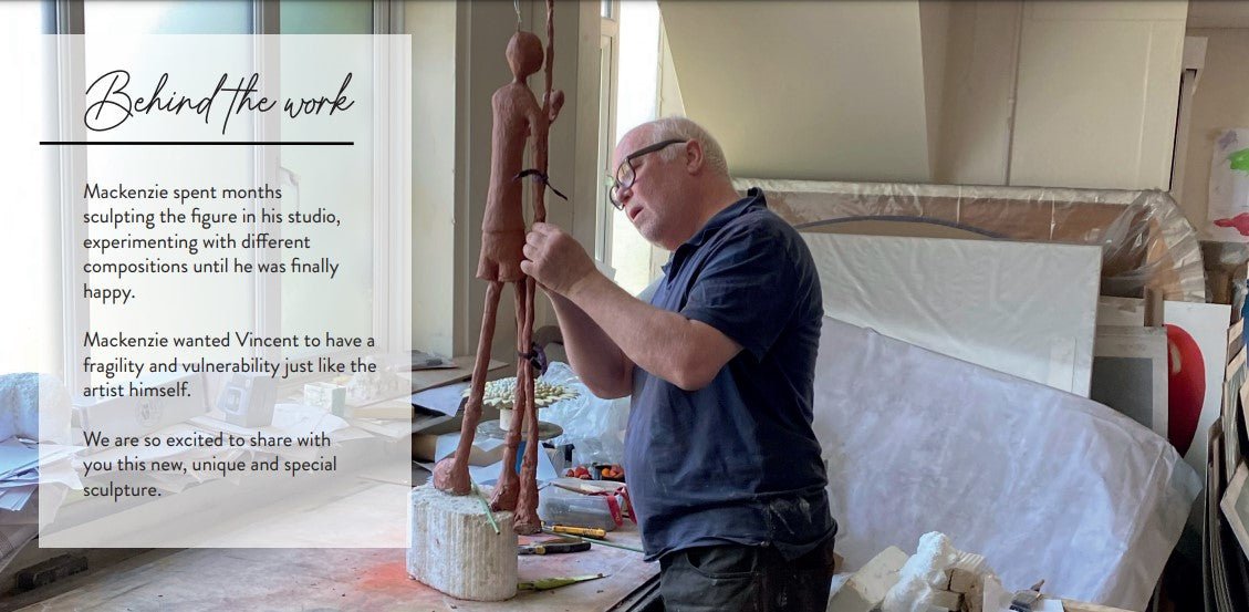 In a sunlit studio, a sculptor diligently shapes a tall, slender clay figure with the precision reminiscent of Vincent, channeling the thoughtful process and intentions akin to a Dutch post-impressionist painter amidst an array of art supplies.