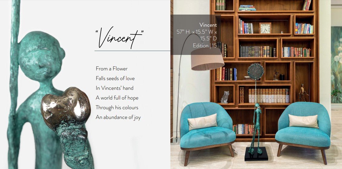 The bronze sculpture Vincent, inspired by the Dutch post-impressionist, features a heart-bearing figure. Text about this Mackenzie Thorpe piece is on the left, while the right shows it in a room with bookshelves, teal chairs, and a floor lamp.