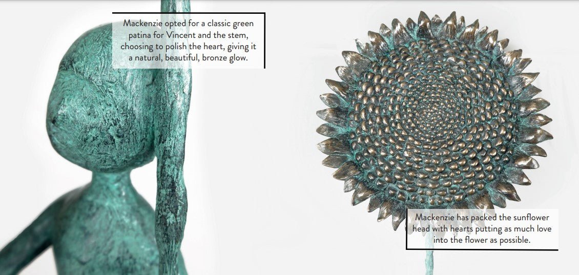 The Vincent sculpture perfectly embodies Mackenzie Thorpes art, featuring a rabbit with a green patina next to a sunflower-shaped element. The polished head of the sunflower is detailed with hearts, adding love to the piece.