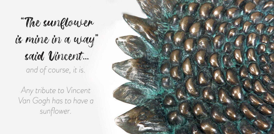 A metallic-textured sunflower design titled Vincent, inspired by Van Goghs affinity for sunflowers, is displayed alongside the text: The sunflower is mine in a way.