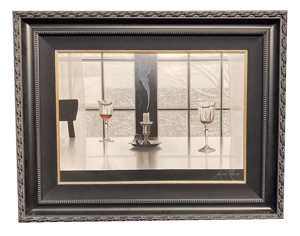 The framed artwork Conversations by Alexander Volkov features two wine glasses and a candlestick with a smoking candle on a table. A large window reveals a snowy landscape, creating a serene winter ambiance reminiscent of the Last Voyage collection at Marcus Ashley Gallery.