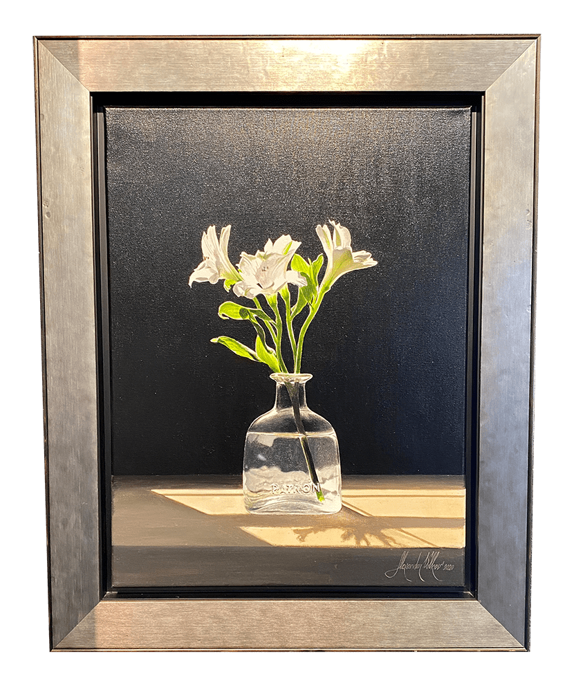 Effervescence, available at Marcus Ashley Gallery, is an exquisite painting featuring white flowers in a clear glass vase against a dark background. Sunlight casts soft shadows, framed with a metallic border, capturing elegant simplicity reminiscent of Alexander Volkovs art.