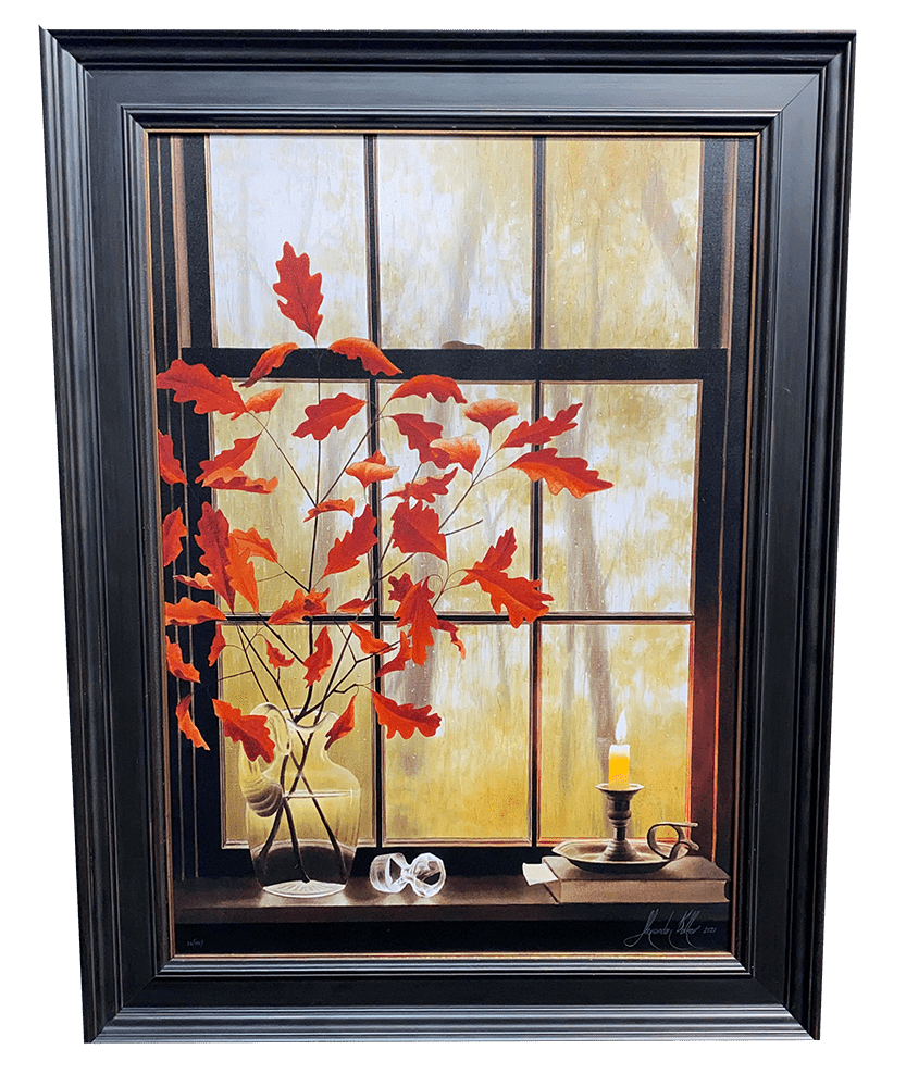 The October Rain artwork portrays a window scene reminiscent of Alexander Volkov, featuring a vase with red autumn leaves, a lit candle, eyeglasses, and a book. Warm light filters through the window to create a cozy atmosphere.