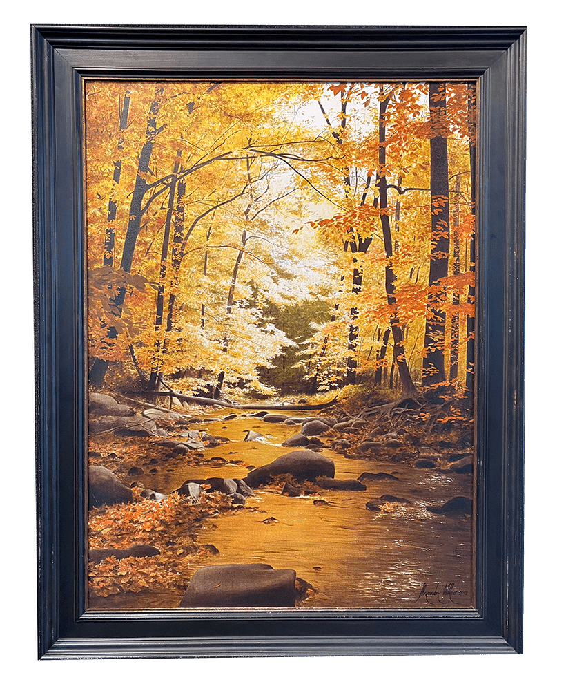 Available at Marcus Ashley Gallery, Parting Gift is a framed painting depicting a serene autumn forest with a stream flowing over rocks. Tall trees, their golden and orange leaves bathed in warm sunlight, arch over the water, reminiscent of Alexander Volkovs art.