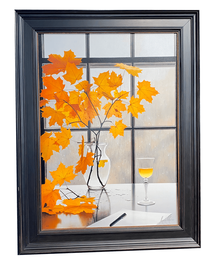 Poem For A Rainy Day, a framed painting by Alexander Volkov, presents autumn leaves in a vase alongside a pen and glass of golden liquid, reminiscent of Lake Tahoe gallery art. It features a window with a blurred backdrop, evoking warmth and reflection.