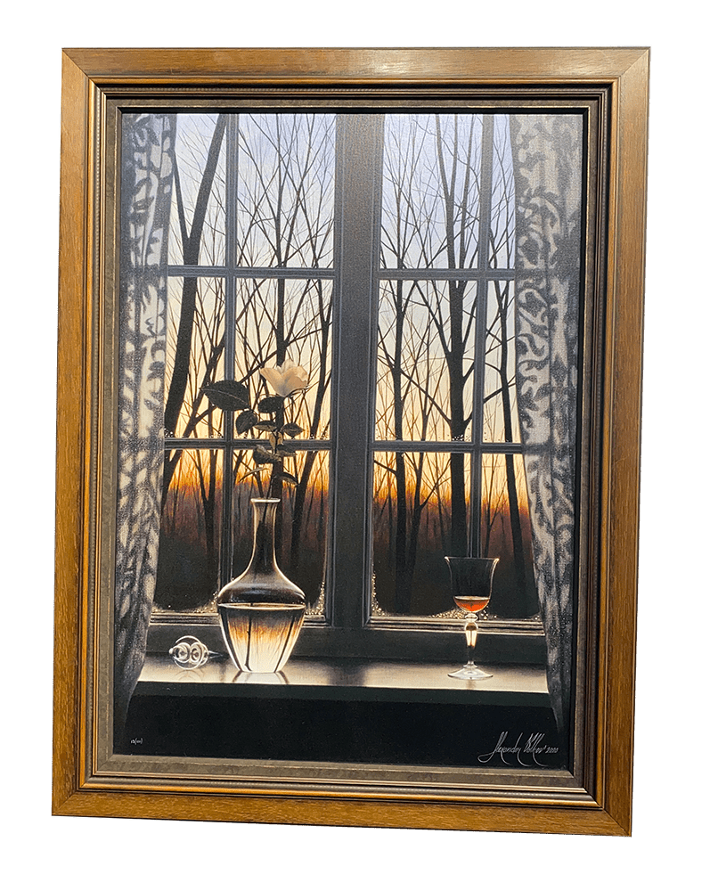 The framed Winter Rose by Alexander Volkov captures a serene scene of sunrise or sunset behind bare trees, featuring a pink rose in a vase beside a cork bottle and glass of red wine, adding elegance to any Lake Tahoe gallery.