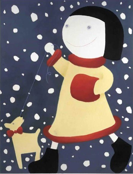 The Walkies artwork captures childhood innocence with a stylized illustration of a bob-haired girl in a yellow coat with red trim and black boots, joyfully walking a small dog on a leash as white snowflakes dance against a dark blue backdrop, echoing Mackenzie Thorpes whimsical charm.