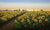 A vast sunflower field under a clear sunset sky echoes the essence of Mario Jungs Walking in the Sun. A dirt path weaves through sunflowers toward distant trees, while birds soar above, and warm light casts a golden glow on the scene.