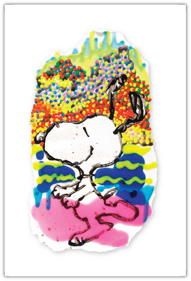 A cartoon dog with black ears and a white body joyfully runs across a vibrant scene. The background bursts with playful colors—splashes of red, yellow, green, pink, and blue dots and swirls—capturing the essence of Snoopy art in this piece of modern artistry titled Water Lilly II.