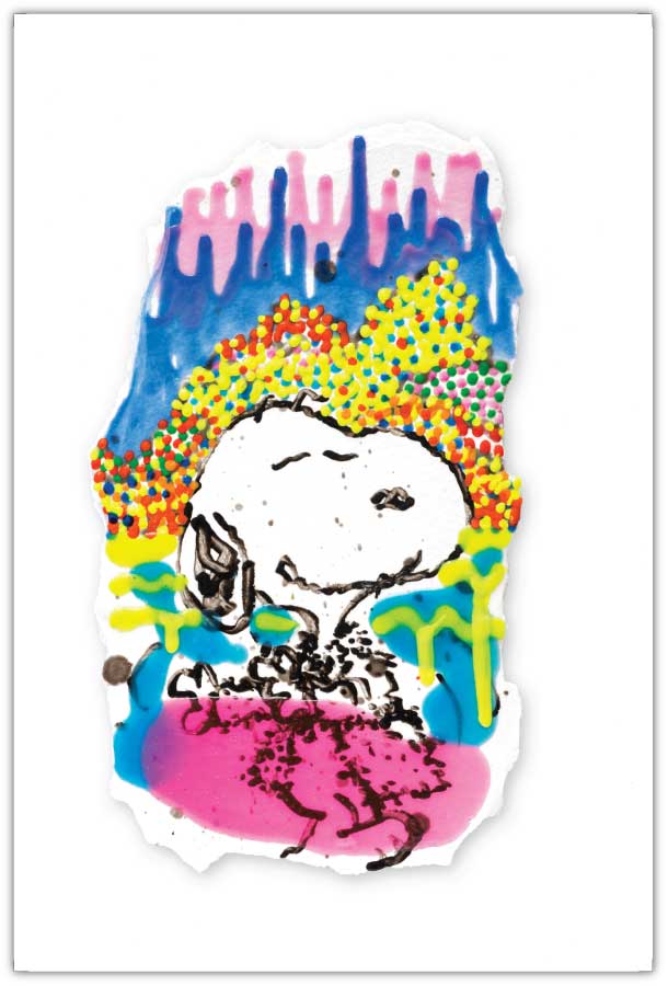 Water Lilly IV is a colorful pop art featuring an abstract cartoon dog in a pink outfit, closed eyes. The vibrant background includes patterns in blue, yellow, and multicolored dots, creating a playful, dreamlike landscape reminiscent of expressionism.