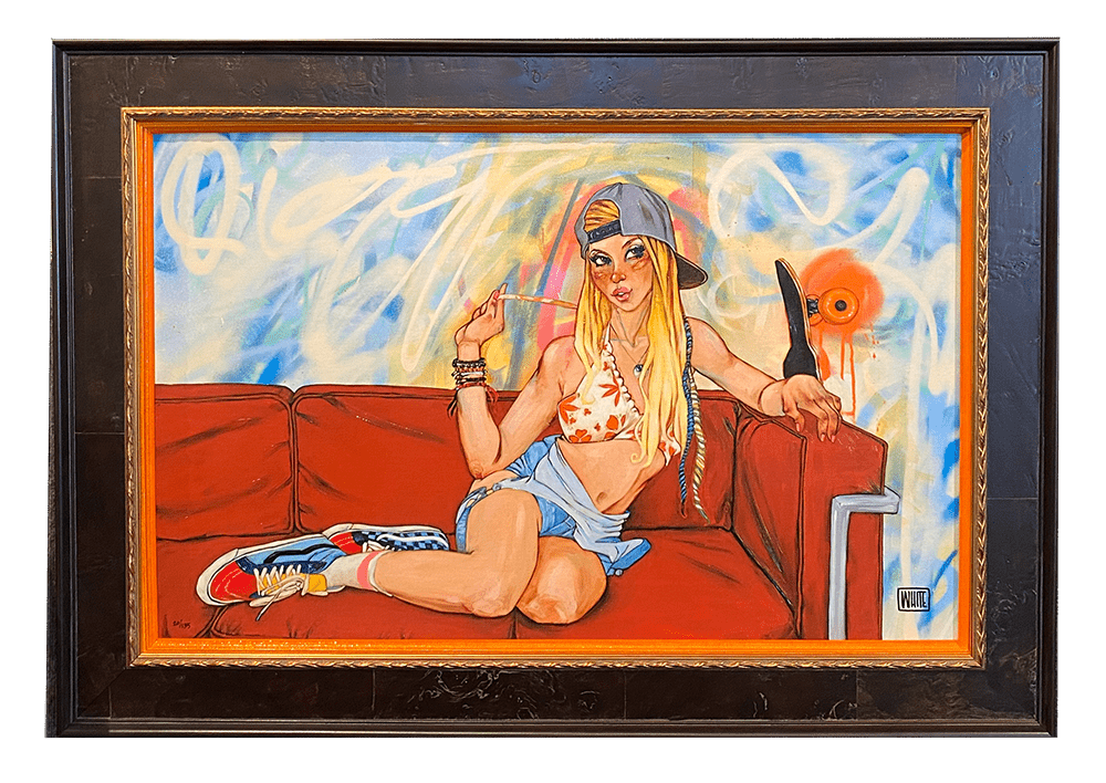 The Todd White art piece titled Malibu portrays a blonde woman relaxing on a red couch with a spray can beside her, dressed in a crop top, denim shorts, and colorful sneakers against graffiti. Framed in dark and gold, its available as a limited edition giclee at Marcus Ashley Gallery.