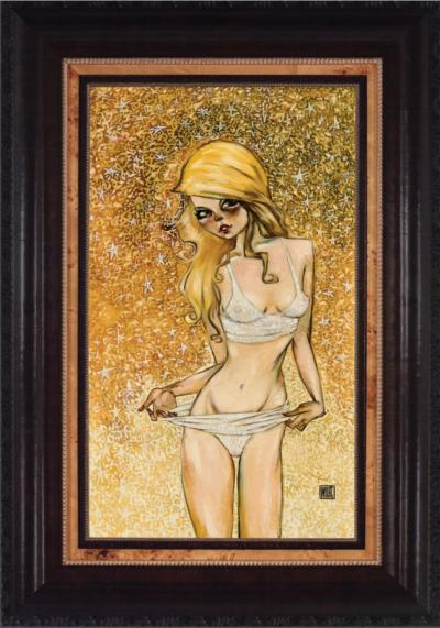 Oh My Lucky Stars by Todd White Art features a woman with long blonde hair in white lingerie set against a sparkling gold backdrop. Her inquisitive expression captivates visitors at Marcus Ashley Fine Art Gallery, where each limited edition piece is framed in dark wood.