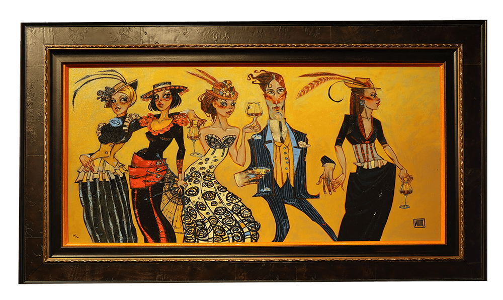 The framed Todd White art piece, One In The Hand, features five stylized, elegantly dressed figures in colorful attire and extravagant hats, each holding a glass. A warm yellow background accentuates the vibrant and whimsical essence of this figurative expressionist painting.