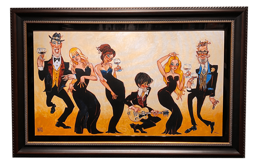 The vibrant Outlaws by Todd White features six animated characters—four women and two men—in formal attire, striking dynamic poses with cocktails. One central figure plays a guitar against a warm yellow backdrop. This limited edition giclee is at Marcus Ashley Fine Art Gallery.