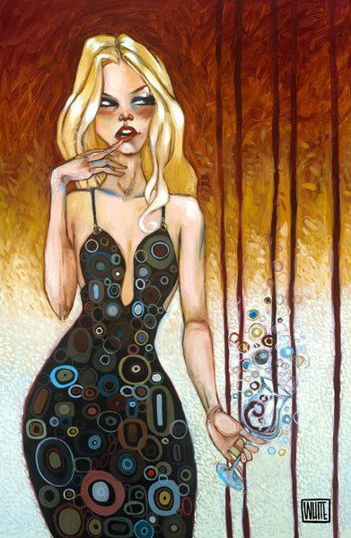 Pour Your Heart Out by Todd White Art depicts a woman with long blonde hair in a black dress with colorful circles, holding a wine glass. The background features a white-to-brown gradient with dripping paint. This captivating piece is available as a limited edition at Marcus Ashley Fine Art Gallery.