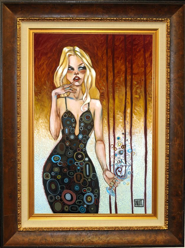 The limited edition Todd White Art masterpiece, Pour Your Heart Out, portrays a blonde woman in a form-fitting black dress with circular patterns, holding a swirling glass against earthy tones. Its presented in an ornate brown and gold frame at Marcus Ashley Fine Art Gallery.