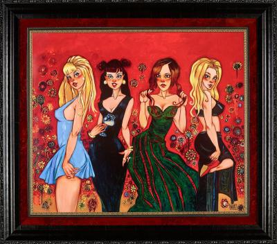 The Sugar Shack art piece by Todd White at Marcus Ashley Fine Art Gallery showcases four women in colorful dresses with playful hairstyles like blonde locks and space buns, set against a red floral background. This figurative impressionism piece is beautifully framed in black.