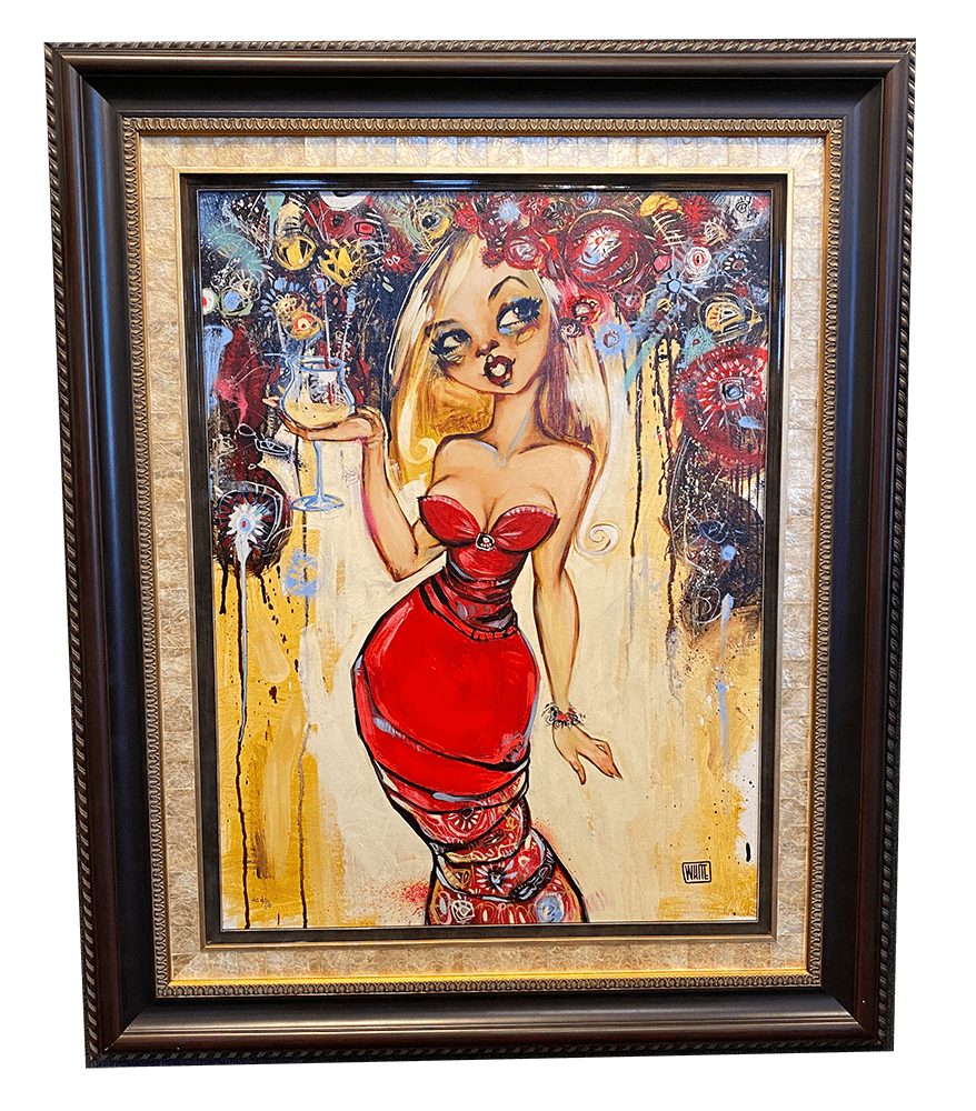 Take Me With You When You Go is a framed painting depicting a woman in a red dress holding a drink, set against an abstract background with circular patterns and vibrant splashes, showcasing figurative expressionism at Marcus Ashley Art Gallery.