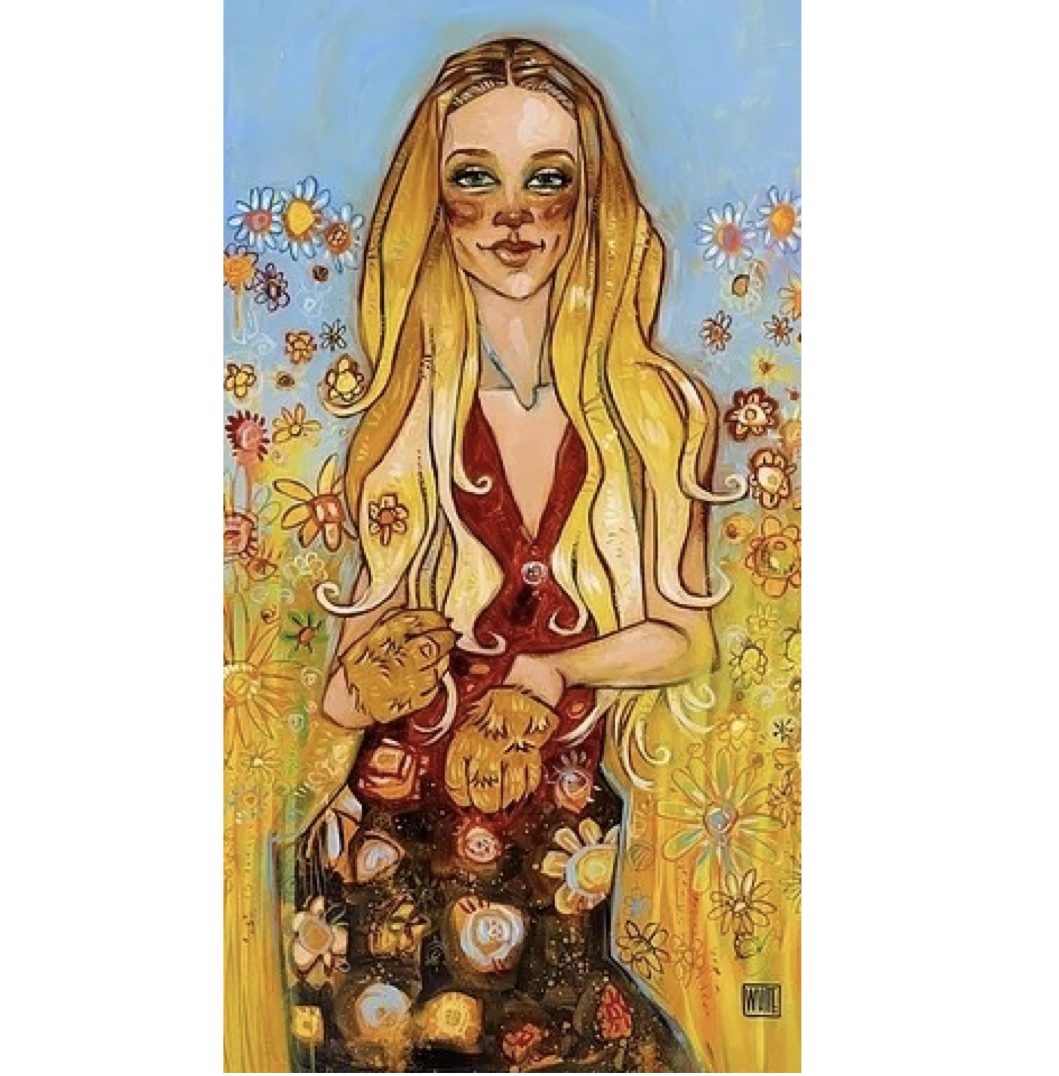 A stylized painting titled The Lioness features a woman with long blonde hair in a red dress, holding brown rabbits. Shes standing in a vibrant field of flowers under a blue sky, capturing the soft serenity typical of Todd White Art at Marcus Ashley Fine Art Gallery.