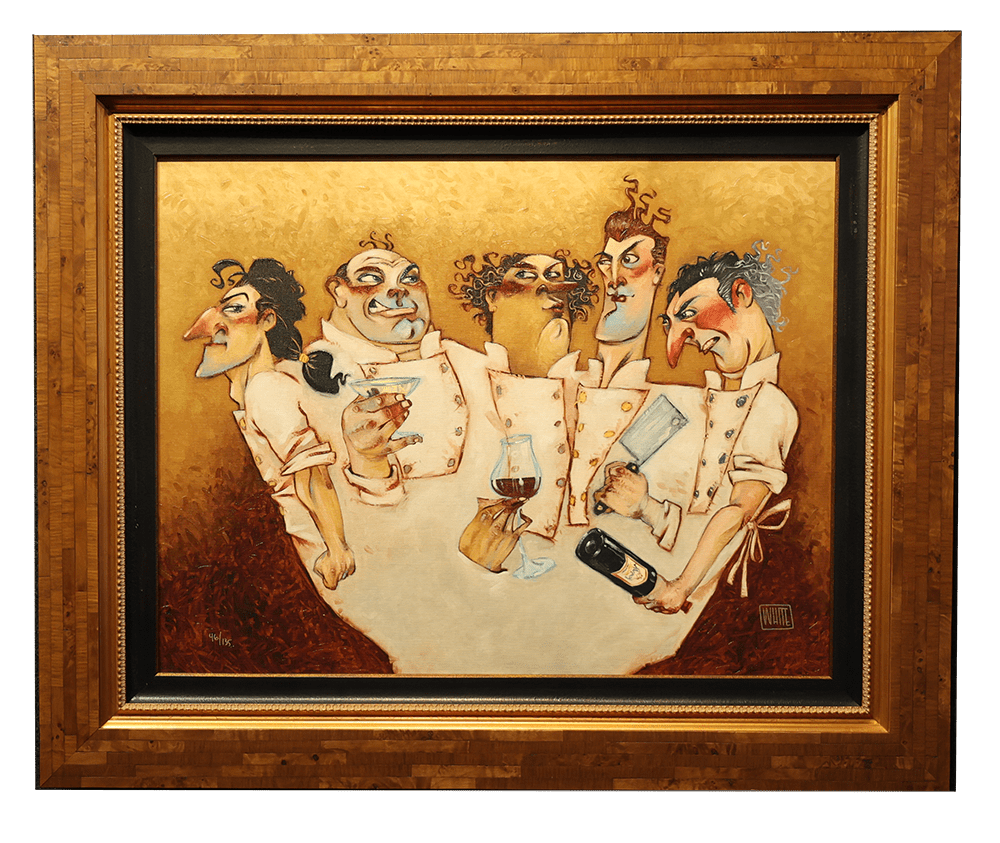 Those Mad Mad Chefs portrays six whimsical chefs with exaggerated features, holding wine glasses and bottles. Their comical faces reflect Todd Whites signature style. Gathered at a round table, their white coats contrast the warm, earthy background in a golden frame.
