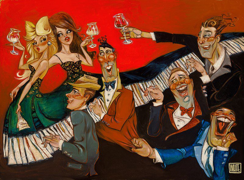 A lively scene with exaggerated characters enjoying a party, reminiscent of Todd White Art. Two women in elegant dresses hold wine glasses while four suited men laugh and sing around a piano on a vibrant red background, capturing the charm of Tickling The Ivory.