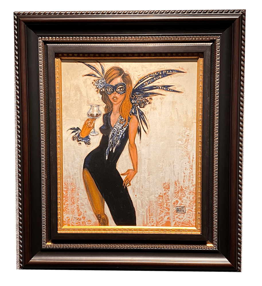 The Todd White Art piece, White Tie Affair, depicts a woman in a black dress with a feathered mask holding a drink, set against a decorative background. It’s framed in an elaborate dark and gold frame. Available at the Marcus Ashley Fine Art Gallery for your next inspiration.