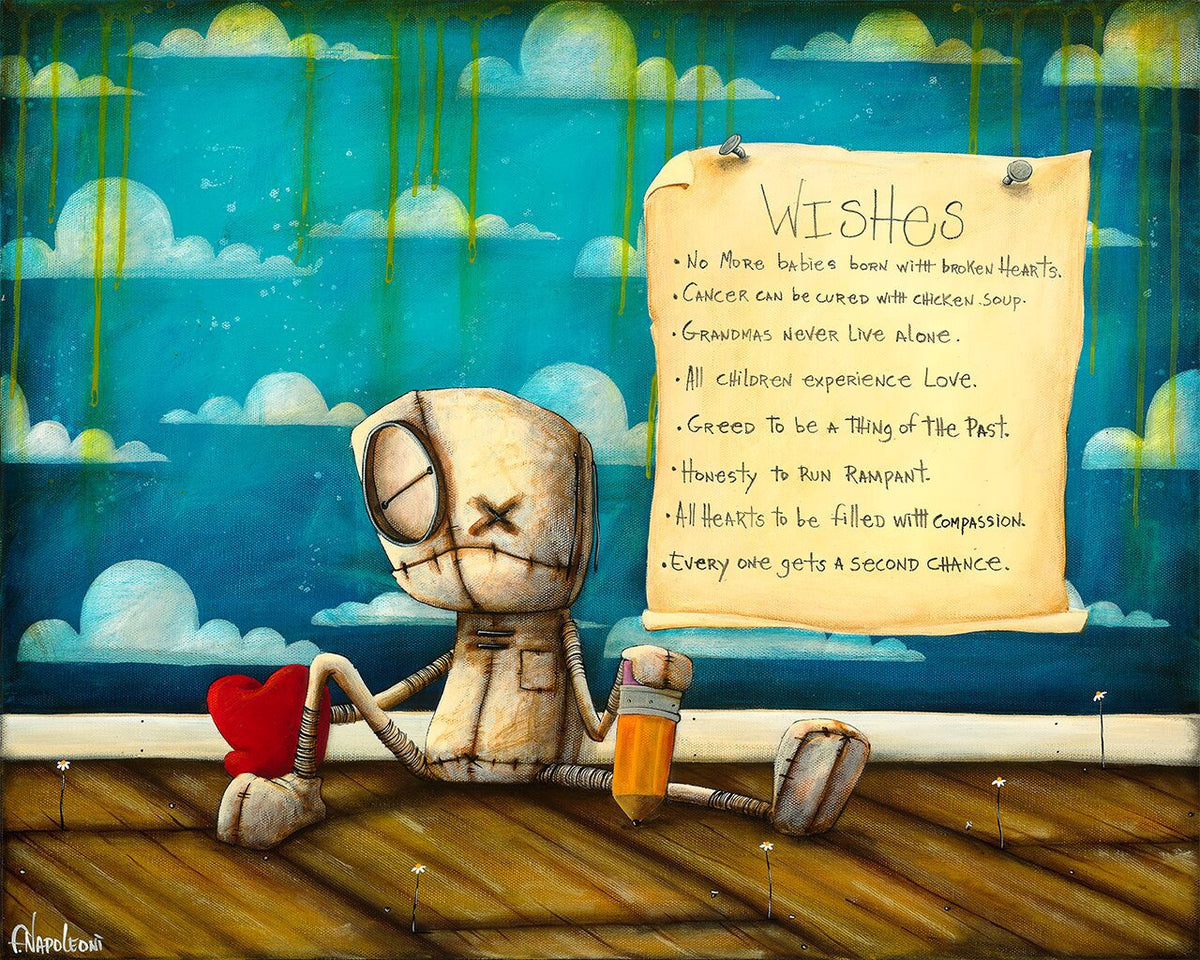 A stitched doll sits on a wooden floor with a red heart and drink, set against a cloudy sky. A large note, titled The Wish List, outlines compassionate wishes like curing cancer and spreading love and kindness for all.