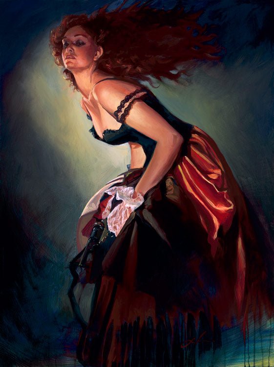 You Know Me Too Well—a dramatic artwork in Gabe Leonards style featuring a confident woman with flowing red hair, black off-shoulder top, and red and black skirt, holding her dress as she gazes upward.