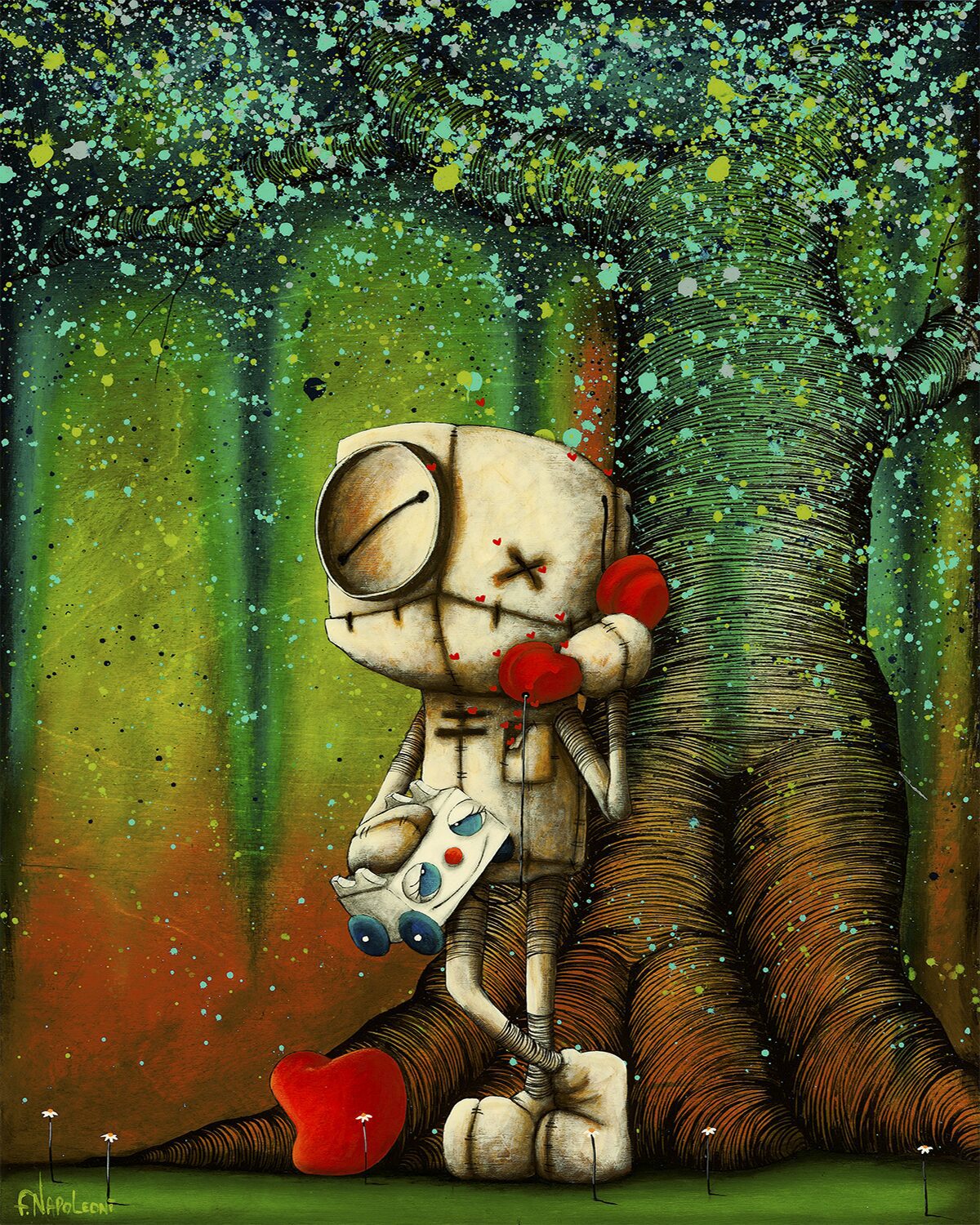 In Your Voice Makes My Heart Sing, a stitched, robot-like figure with an X for one eye leans on a tree, clutching a red phone receiver and white game controller. A red broken heart rests on the grass amid green and blue paint splatters.
