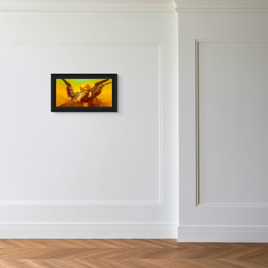 A minimalist room features white-paneled walls and wood flooring, with Youre Already Dead, a small framed painting of a bold, golden-hued landscape reminiscent of a Western heros journey, centered on the wall.